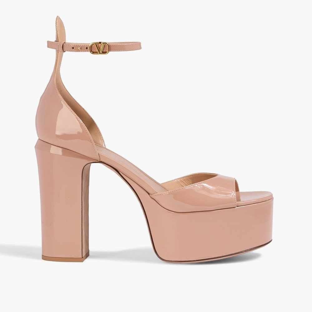 Valentino Garavani Logo Neutral Tan Go Patent Leather Sandal Platforms